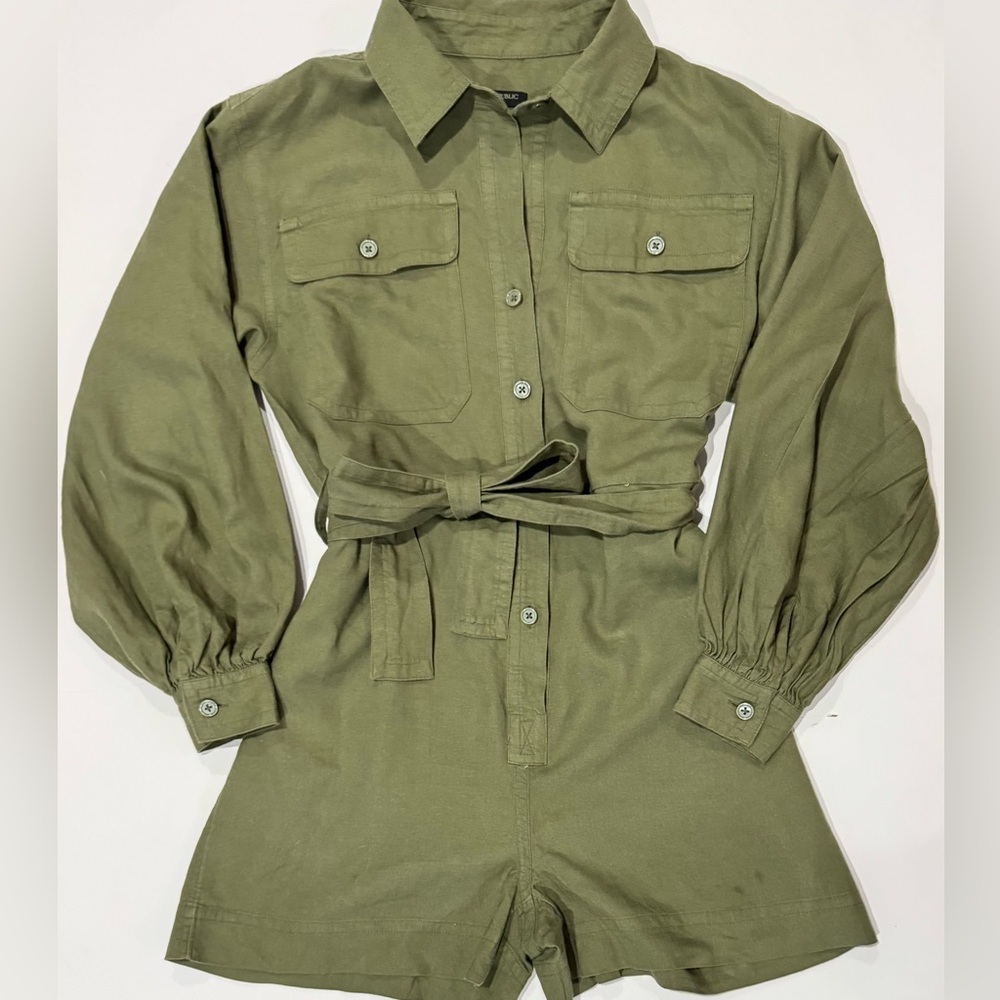 Banana Republic XS Petite Olive Linen Blend Belted Utility Romper